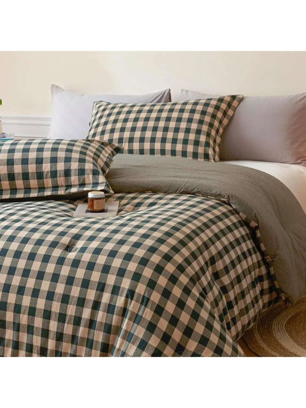 Cozy Cotton Plaid Full Comforter Set - Soft Lightweight Bedding, 3 Pieces